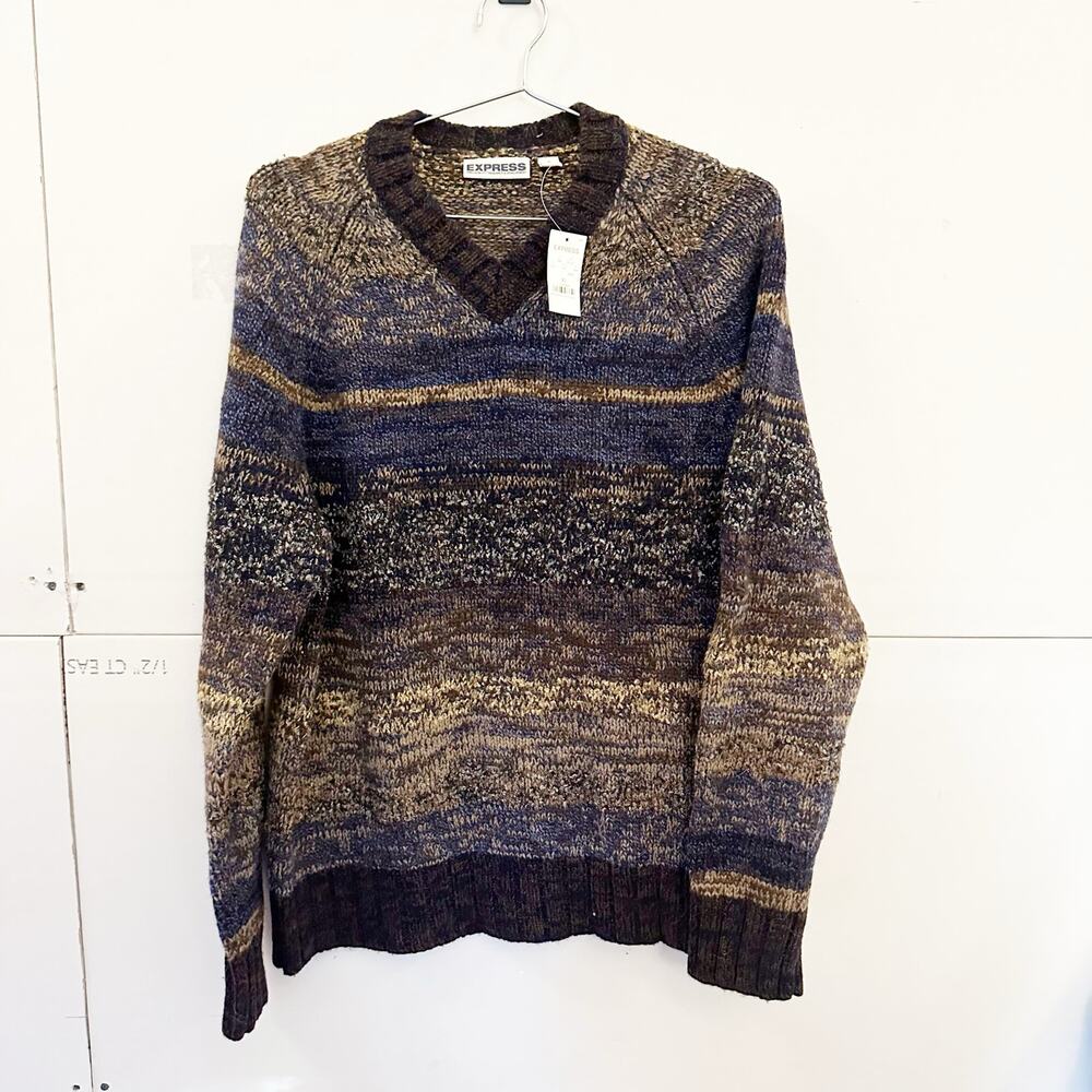 NWT Vintage Express 100% Wool V-Neck Ombre Brown Blue Sweater sz XL